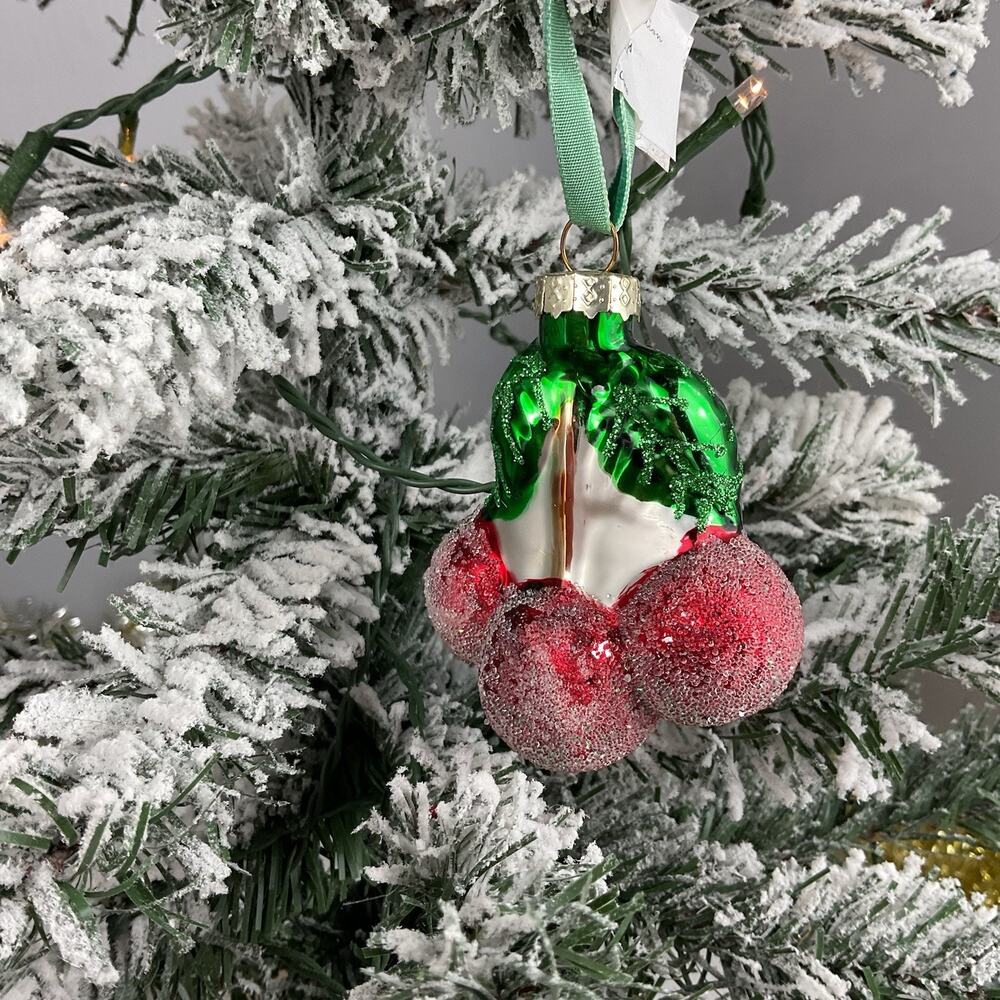 Christmas Ornament- Red Glittery Berries With Leaves- The Bridge Collection-